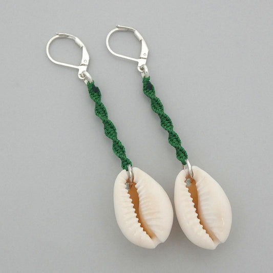 Silver plated leverback earrings with cowrie shells and green macramé twist detail.